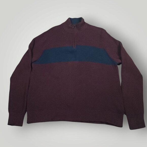 J Crew Sweater Mens XL Cotton Half Zip Waffle Knit Mock Neck Pullover Stripe - Picture 2 of 8